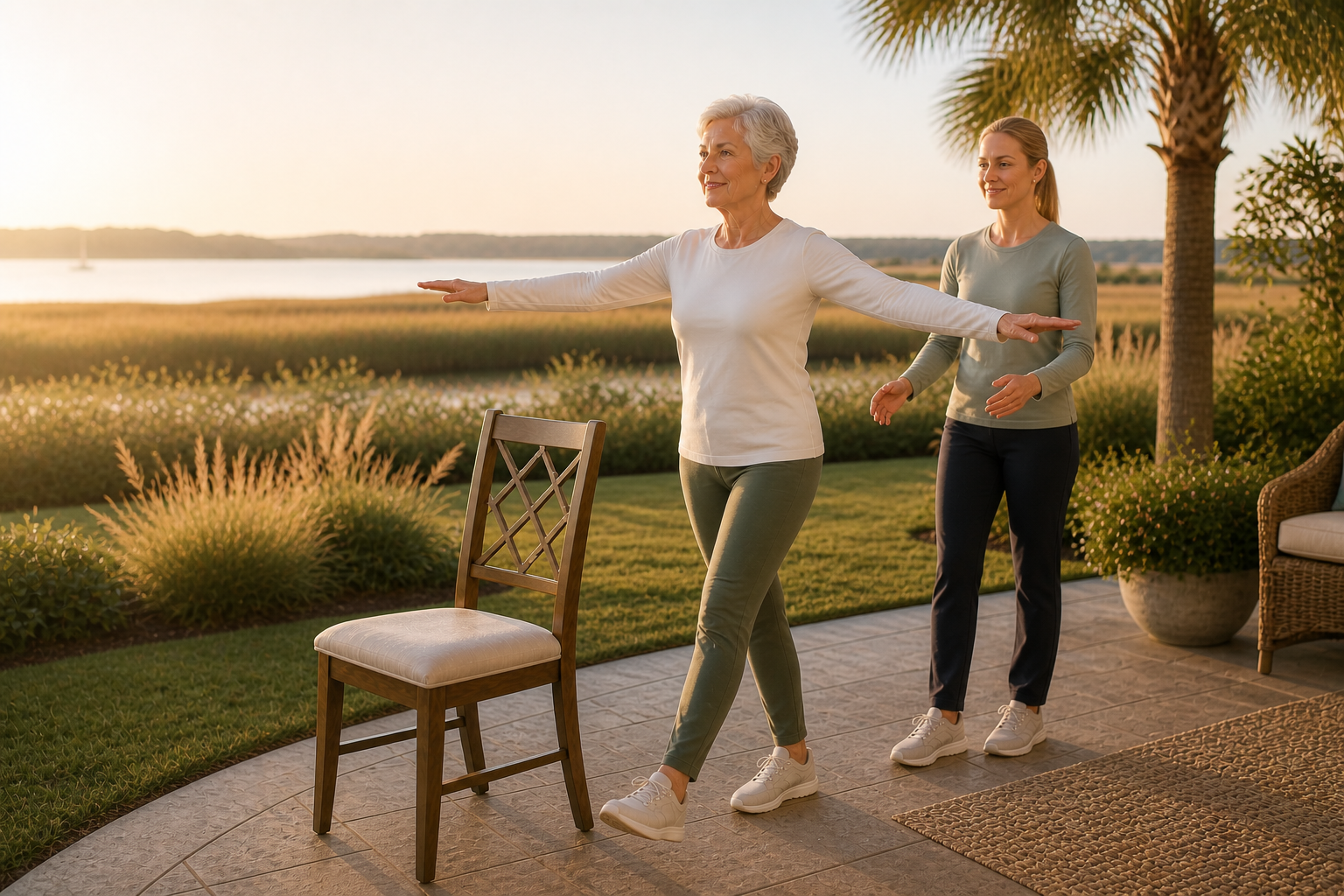 A balance practice on a lowcountry porch at golden hour, marsh and palmetto in the distance