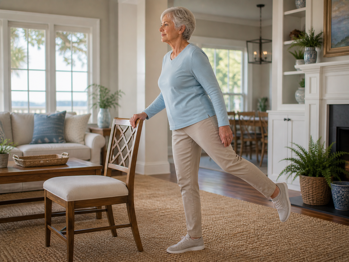 A client practicing single-leg balance with chair support in her own living room