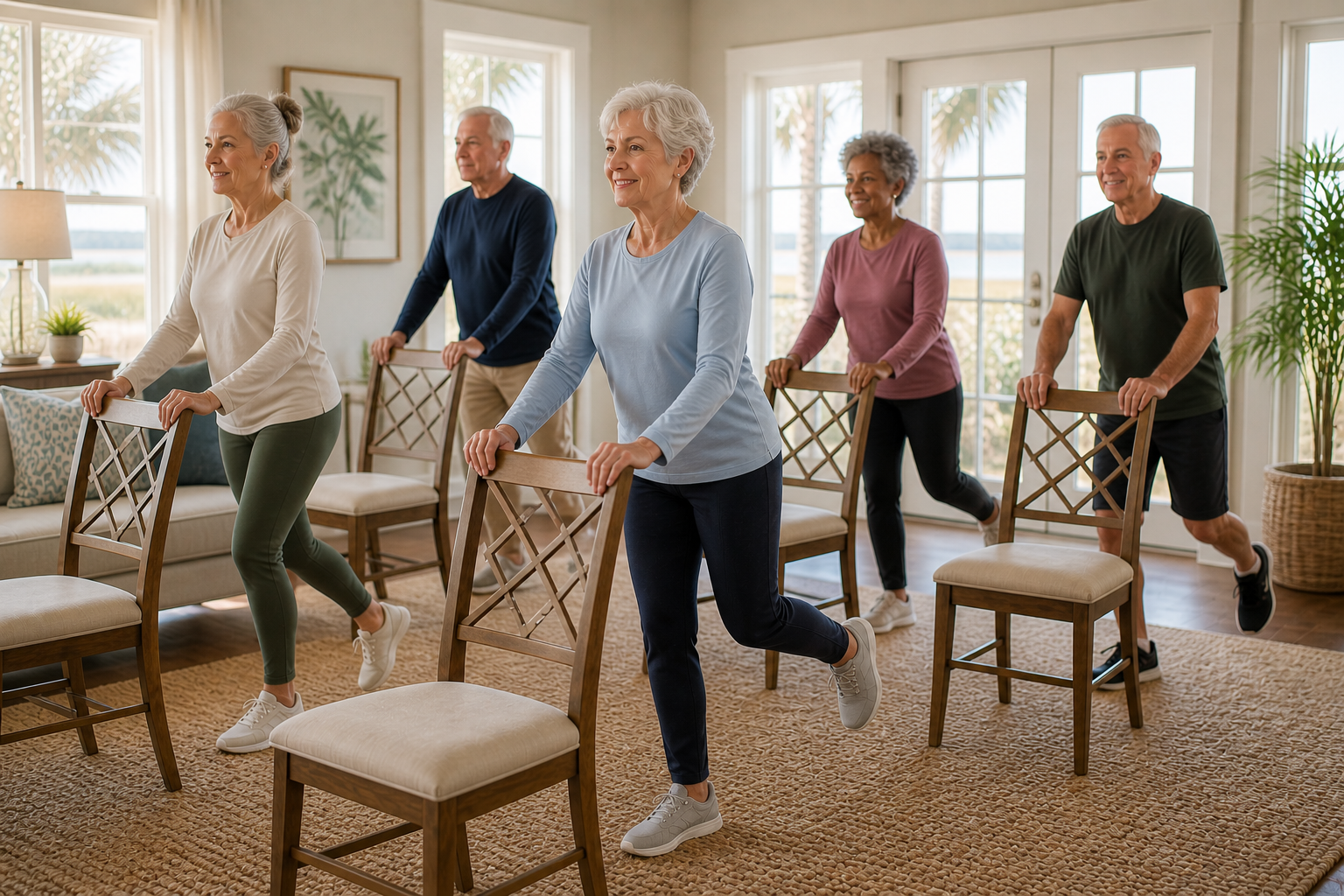 Erin leading a chair-supported balance class for a small group of older adults in a sunlit lowcountry community room