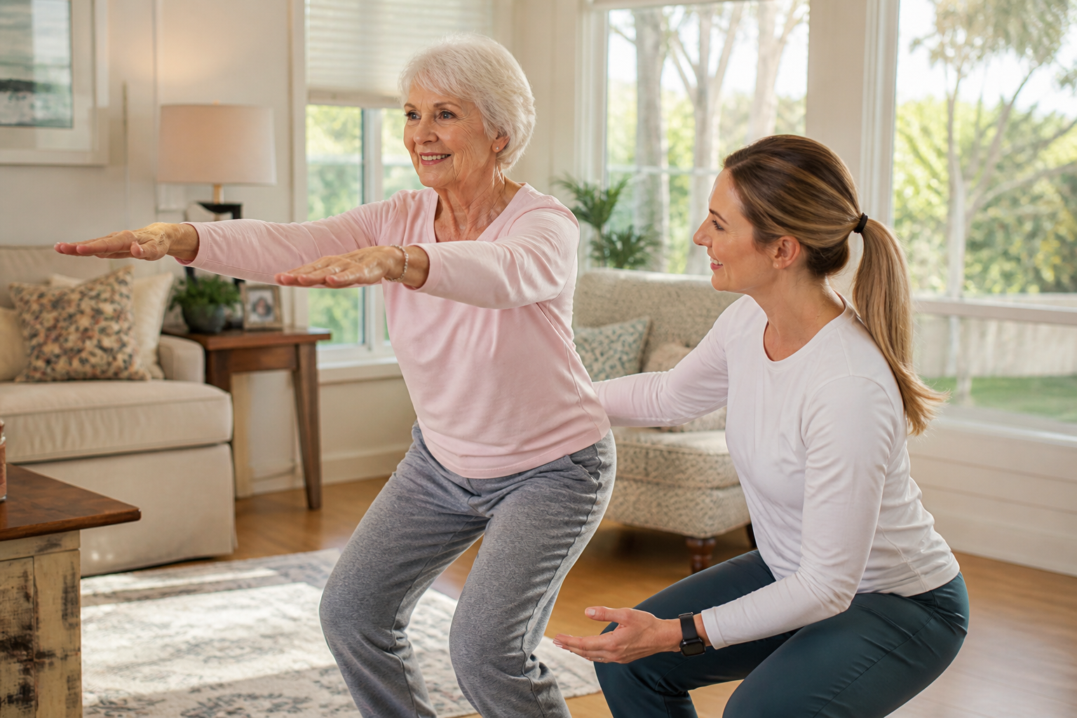 Erin coaching a client through a supported squat in her living room
