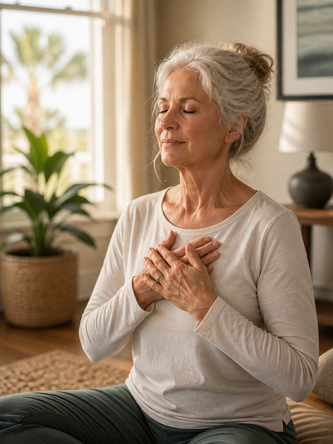 A breathwork session on a sunlit porch